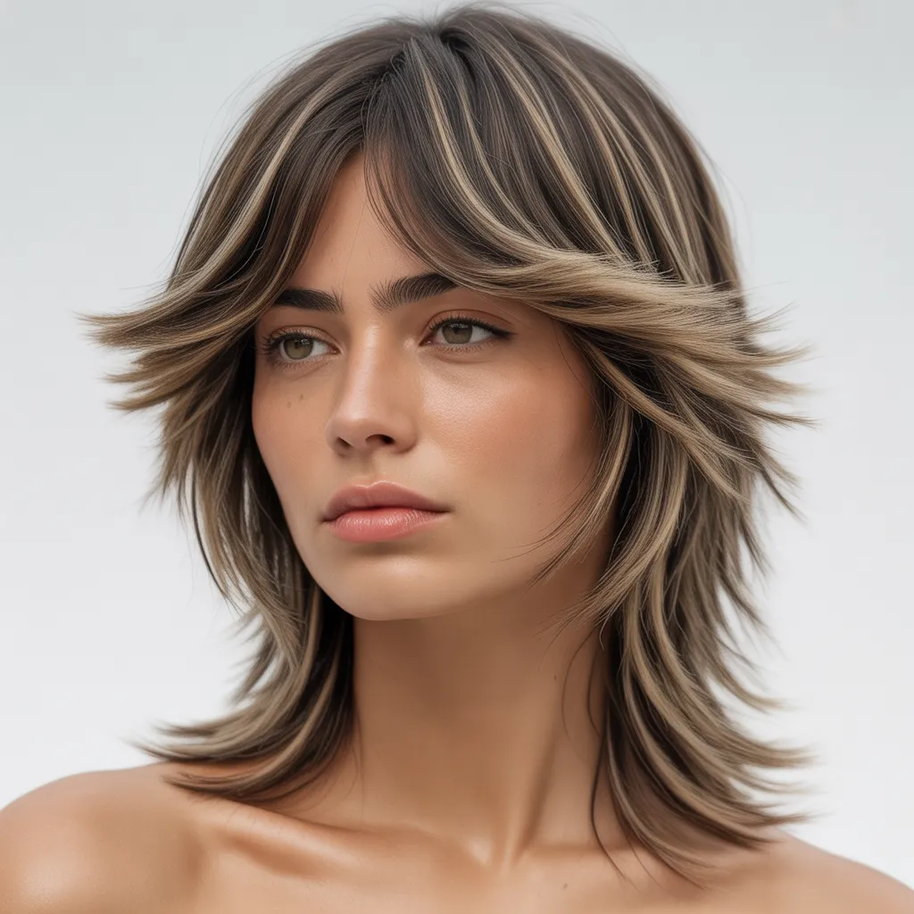 Wolf cut mujer largo con influencia mullet moderno y estética editorial.