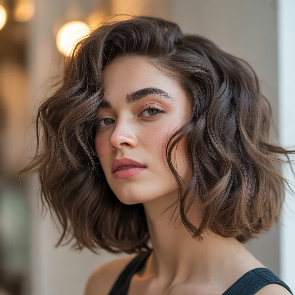 Wolf cut mujer con cabello ondulado natural y capas suaves.