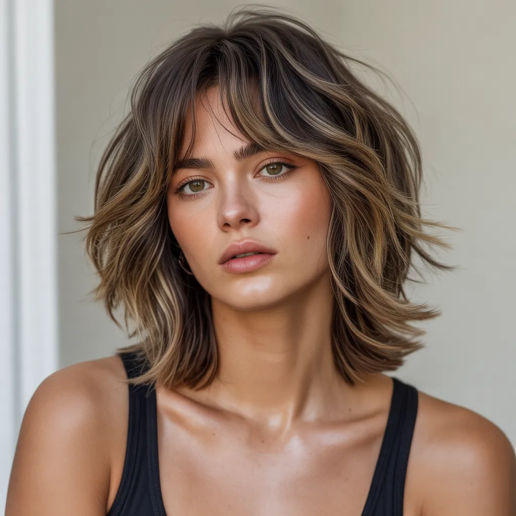 Wolf cut mujer con flequillo abierto y acabado moderno y juvenil.