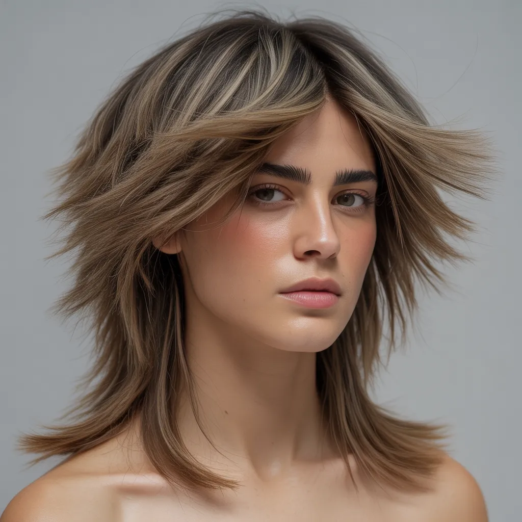 Wolf cut mujer cabello largo con capas desfiladas y acabado shag moderno.