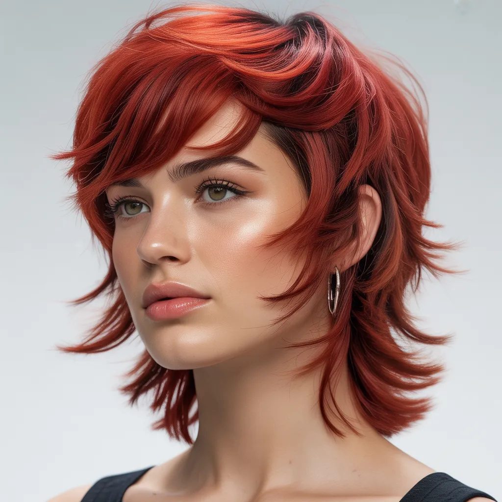 Wolf cut mujer en tono rojo cereza con estilo moderno y editorial.