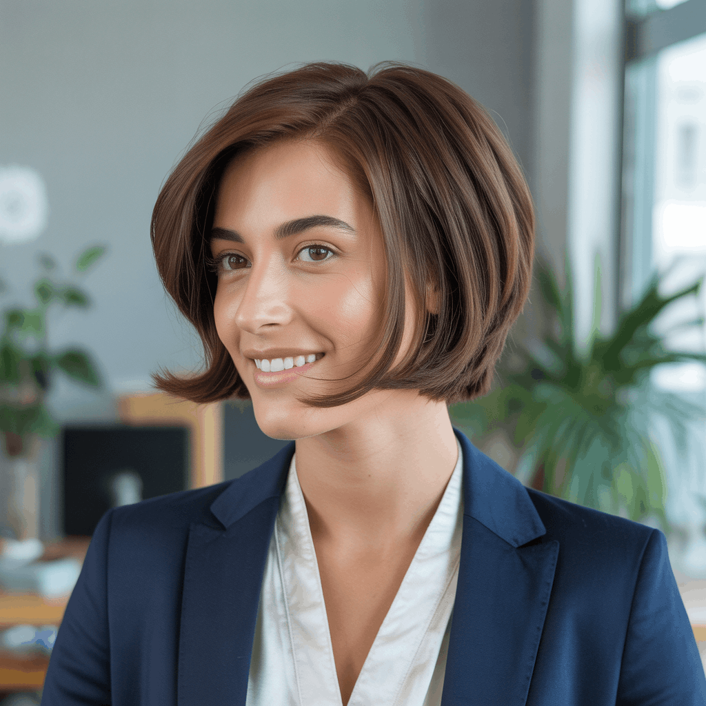 Mujer profesional con baby mullet elegante, longitud sobre los hombros con undercut discreto en la nuca, capas suaves integradas y color castaño chocolate. Estilo corporativo moderno con blazer azul marino, oficina contemporánea. 2 Corte Mullet Mujer
