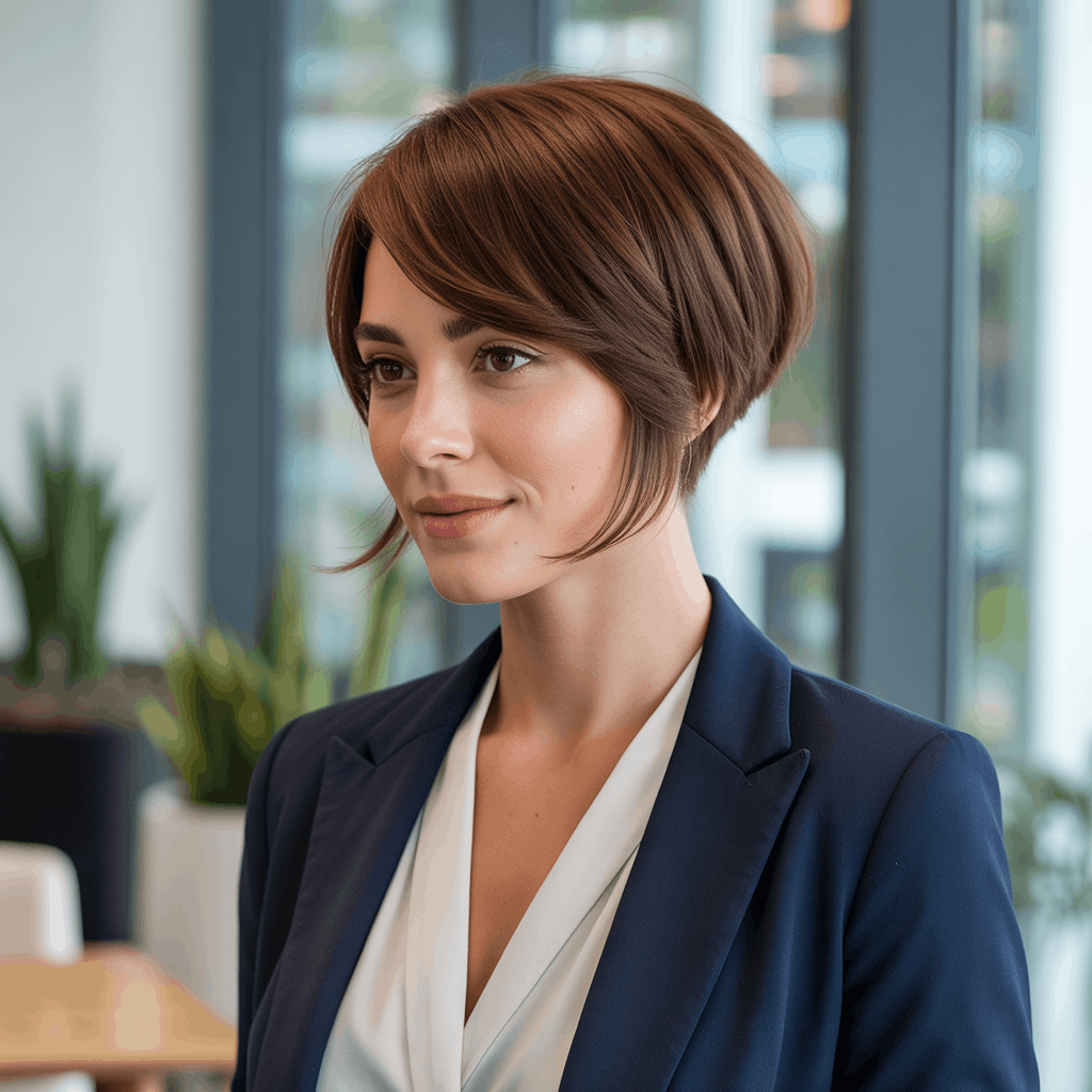 Mujer profesional con baby mullet elegante, longitud sobre los hombros con undercut discreto en la nuca, capas suaves integradas y color castaño chocolate. Estilo corporativo moderno con blazer azul marino, oficina contemporánea. 3