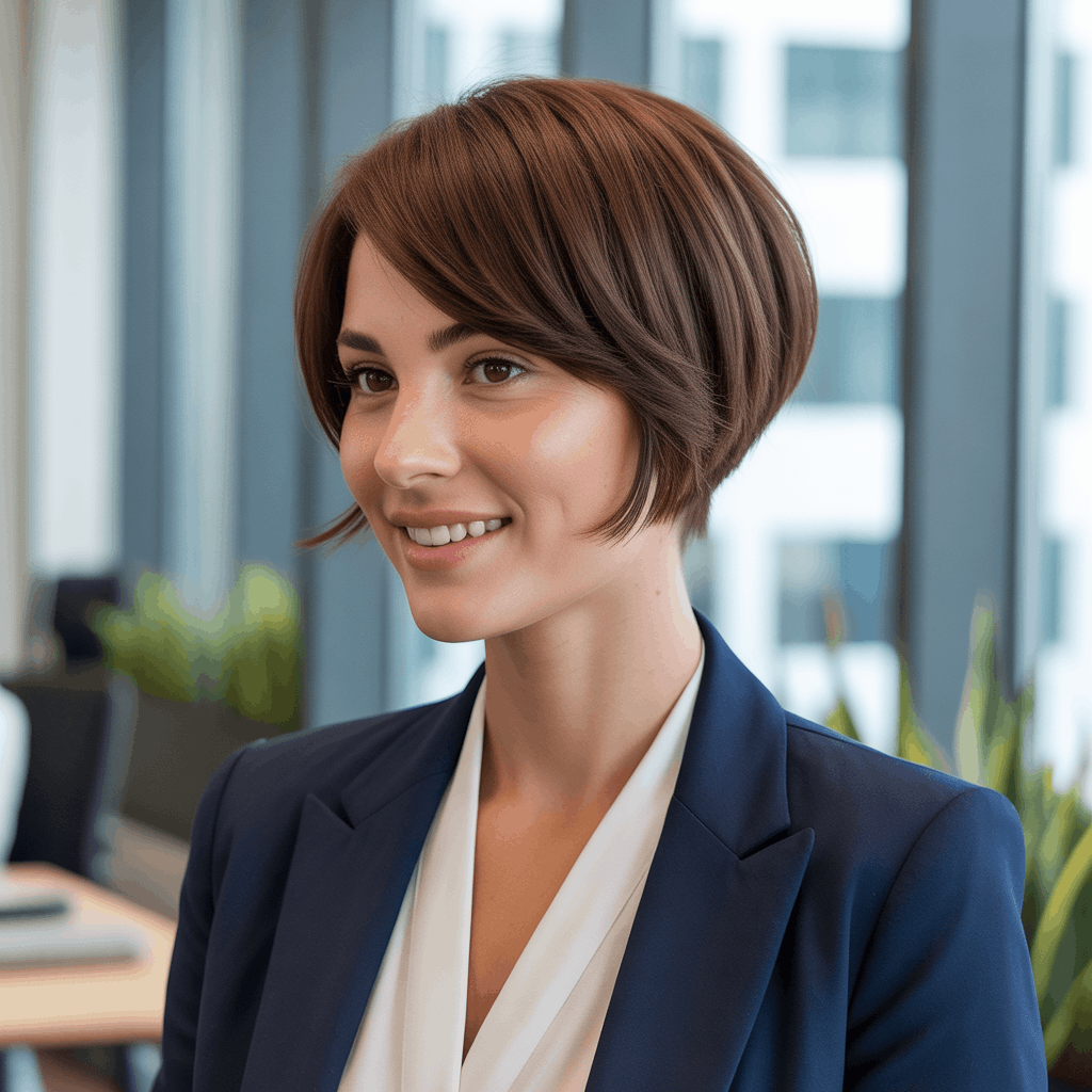 Mujer profesional con baby mullet elegante, longitud sobre los hombros con undercut discreto en la nuca, capas suaves integradas y color castaño chocolate. Estilo corporativo moderno con blazer azul marino, oficina contemporánea.-4