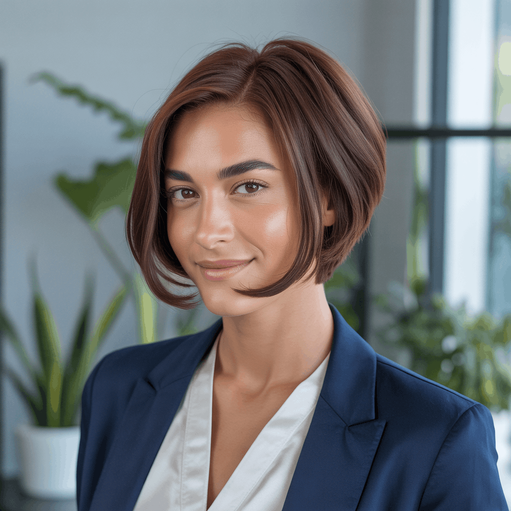 Mujer profesional con baby mullet elegante, longitud sobre los hombros con undercut discreto en la nuca, capas suaves integradas y color castaño chocolate. Estilo corporativo moderno con blazer azul marino, oficina contemporánea.