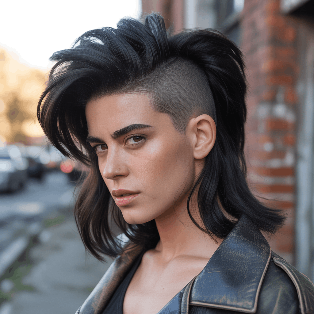 Mujer joven con corte mullet clásico punk, laterales rapados con fade #2, coronilla con volumen texturizado y nuca larga oscura hasta los omóplatos. Estilo retro moderno con chaqueta de cuero vintage, fotografía editorial de belleza en hora dorada.