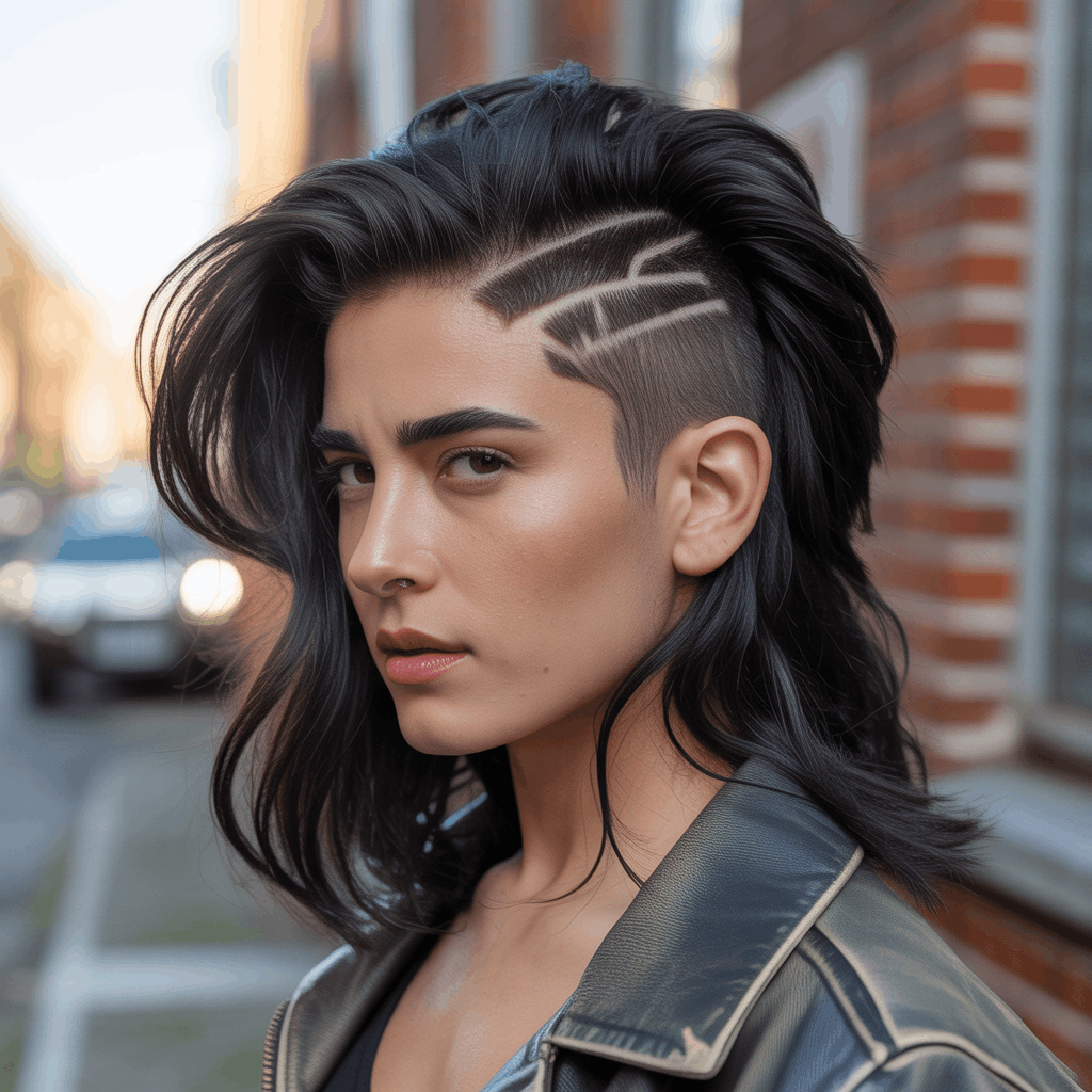 Corte Mullet Mujer, Mujer joven con corte mullet clásico punk, laterales rapados con fade #2, coronilla con volumen texturizado y nuca larga oscura hasta los omóplatos. Estilo retro moderno con chaqueta de cuero vintage, fotografía editorial de belleza en hora dorada. 2