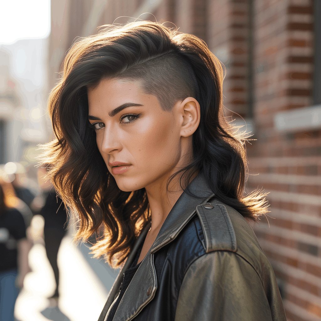 Mujer joven con corte mullet clásico punk, laterales rapados con fade #2, coronilla con volumen texturizado y nuca larga oscura hasta los omóplatos. Estilo retro moderno con chaqueta de cuero vintage, fotografía editorial de belleza en hora dorada. 3