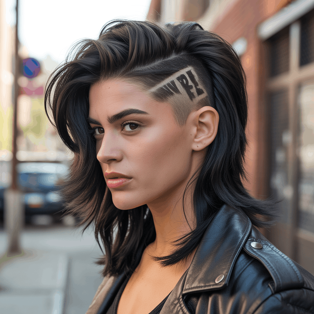Mujer joven con corte mullet clásico punk, laterales rapados con fade #2, coronilla con volumen texturizado y nuca larga oscura hasta los omóplatos. Estilo retro moderno con chaqueta de cuero vintage, fotografía editorial de belleza en hora dorada. 4