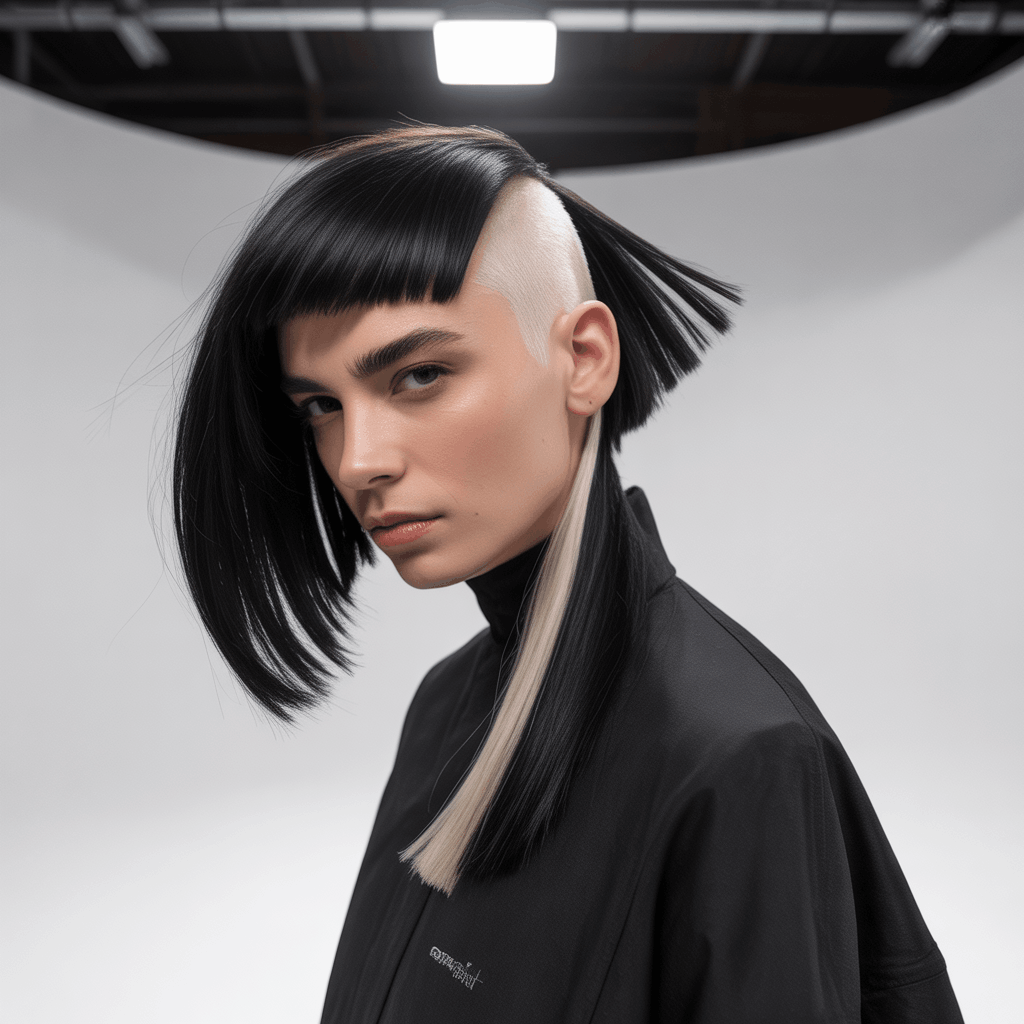 Modelo con mullet asimétrico vanguardista, lado izquierdo corto a altura de oreja y lado derecho largo con ángulo dramático, sección central en nuca compensando el desequilibrio. Cabello negro con mecha platino oculta, estética fashion week. 2