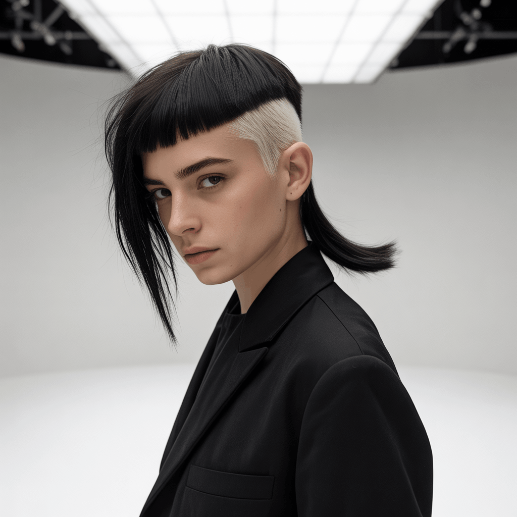 Modelo con mullet asimétrico vanguardista, lado izquierdo corto a altura de oreja y lado derecho largo con ángulo dramático, sección central en nuca compensando el desequilibrio. Cabello negro con mecha platino oculta, estética fashion week. 3