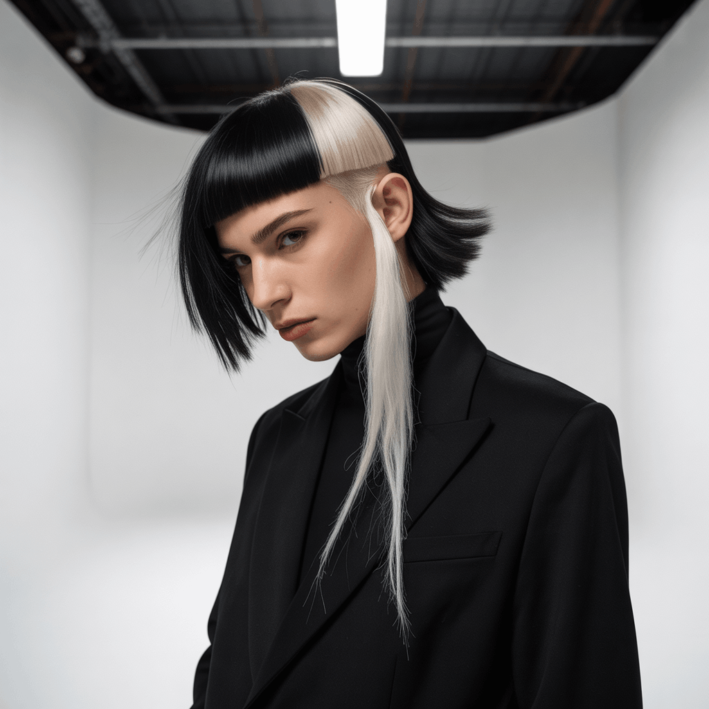 Modelo con mullet asimétrico vanguardista, lado izquierdo corto a altura de oreja y lado derecho largo con ángulo dramático, sección central en nuca compensando el desequilibrio. Cabello negro con mecha platino oculta, estética fashion week. 4
