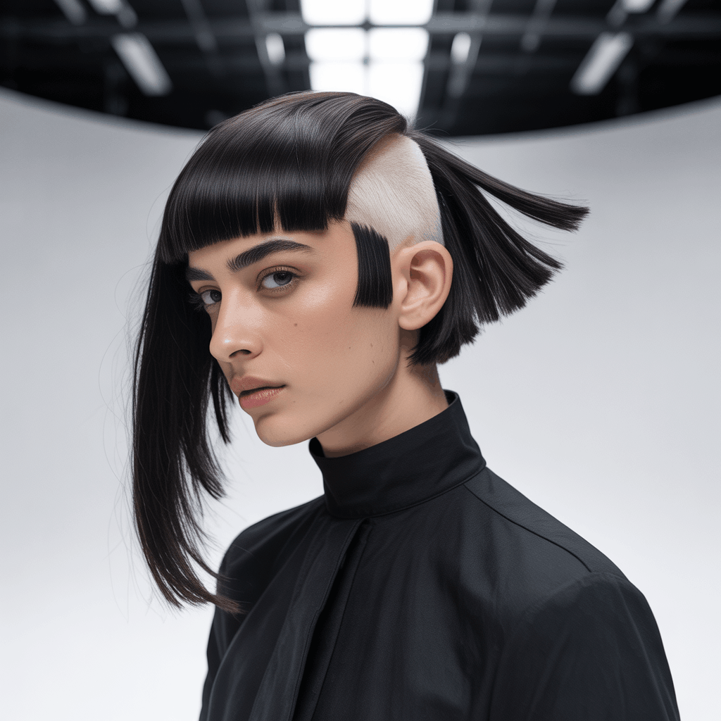 Modelo con mullet asimétrico vanguardista, lado izquierdo corto a altura de oreja y lado derecho largo con ángulo dramático, sección central en nuca compensando el desequilibrio. Cabello negro con mecha platino oculta, estética fashion week.