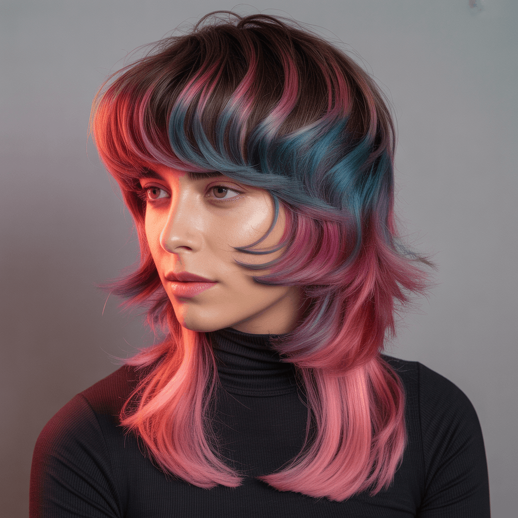 Mujer con mullet dimensional y técnica de color bold, coronilla castaño espresso oscuro que transita a rosa vibrante en sección larga de nuca. Balayage siguiendo patrón de capas creando efecto 3D, iluminación de geles de color rosa y azul. 2
