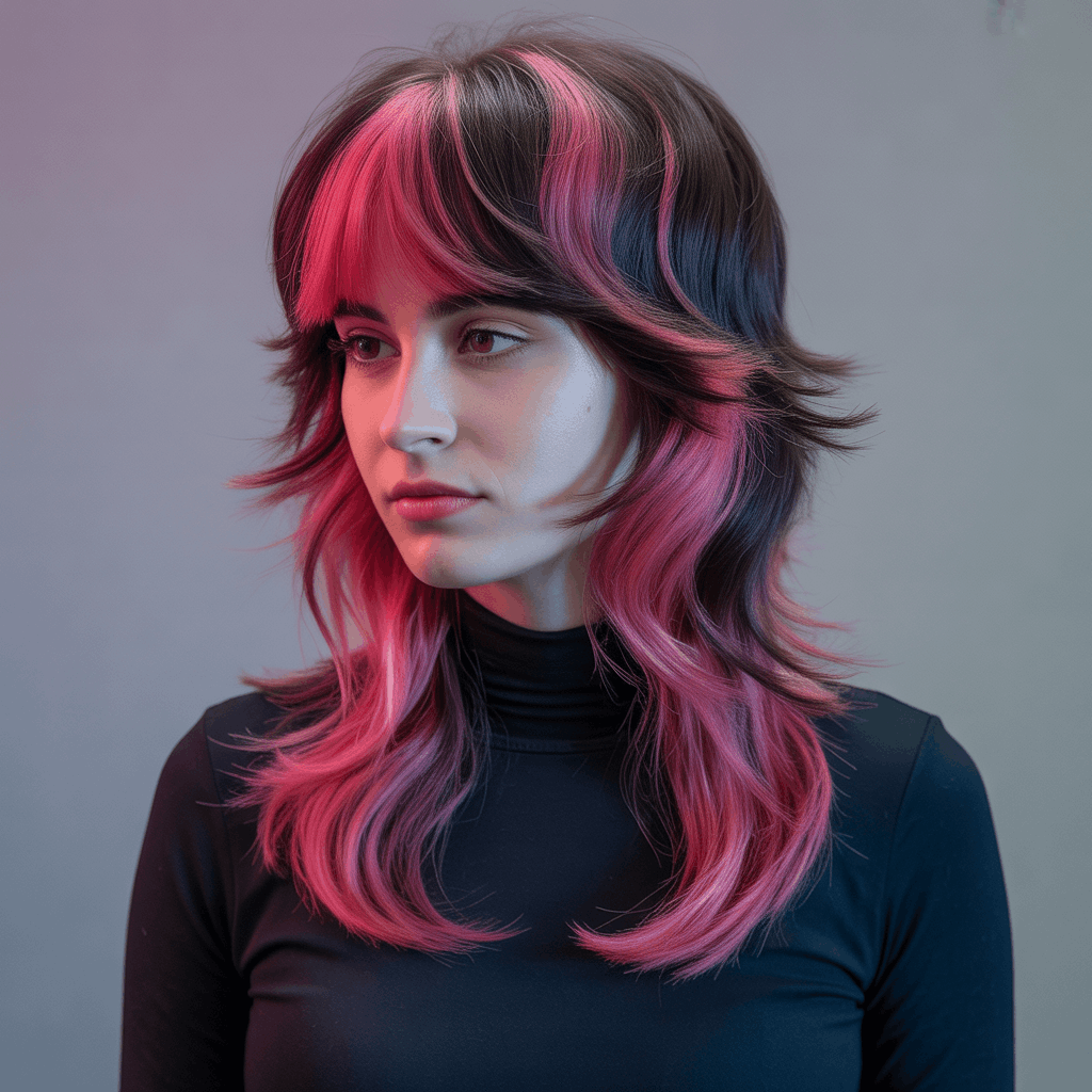 Mujer con mullet dimensional y técnica de color bold, coronilla castaño espresso oscuro que transita a rosa vibrante en sección larga de nuca. Balayage siguiendo patrón de capas creando efecto 3D, iluminación de geles de color rosa y azul. 3