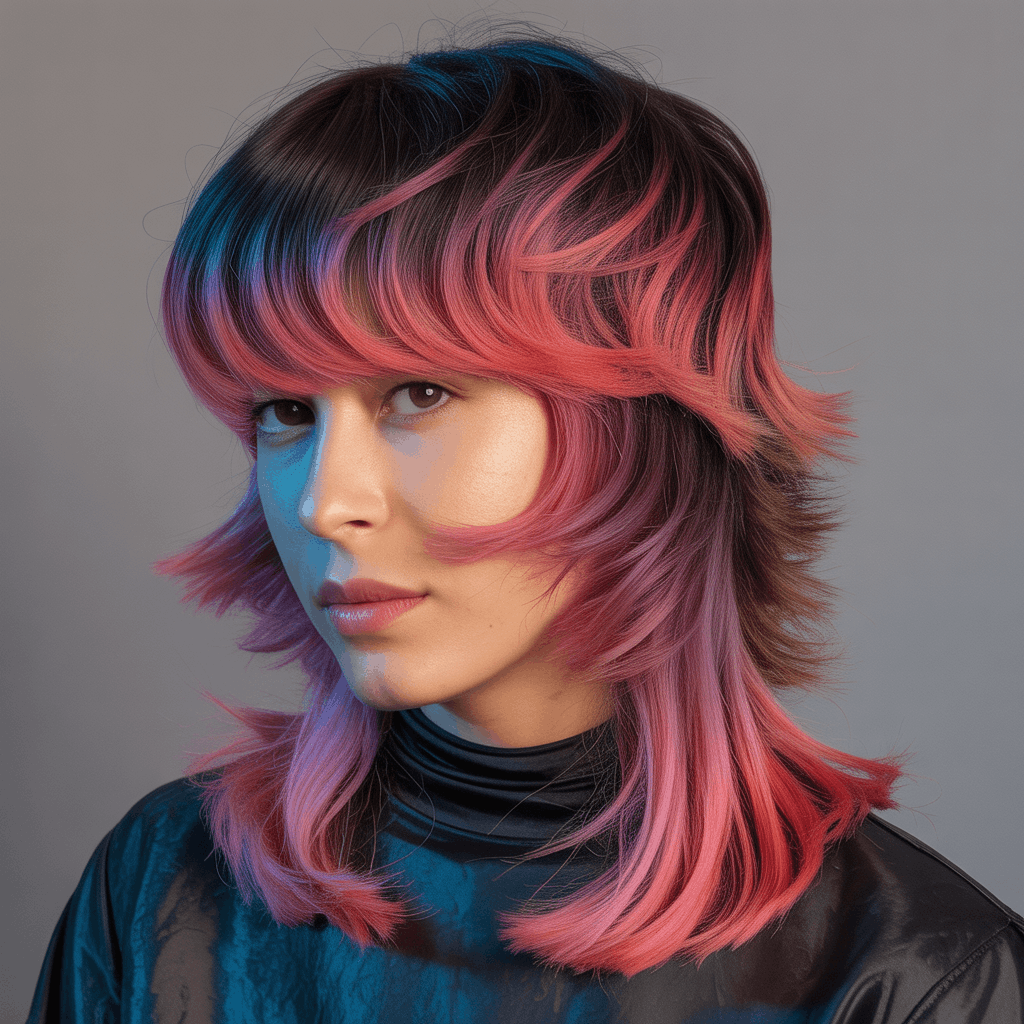 Mujer con mullet dimensional y técnica de color bold, coronilla castaño espresso oscuro que transita a rosa vibrante en sección larga de nuca. Balayage siguiendo patrón de capas creando efecto 3D, iluminación de geles de color rosa y azul.