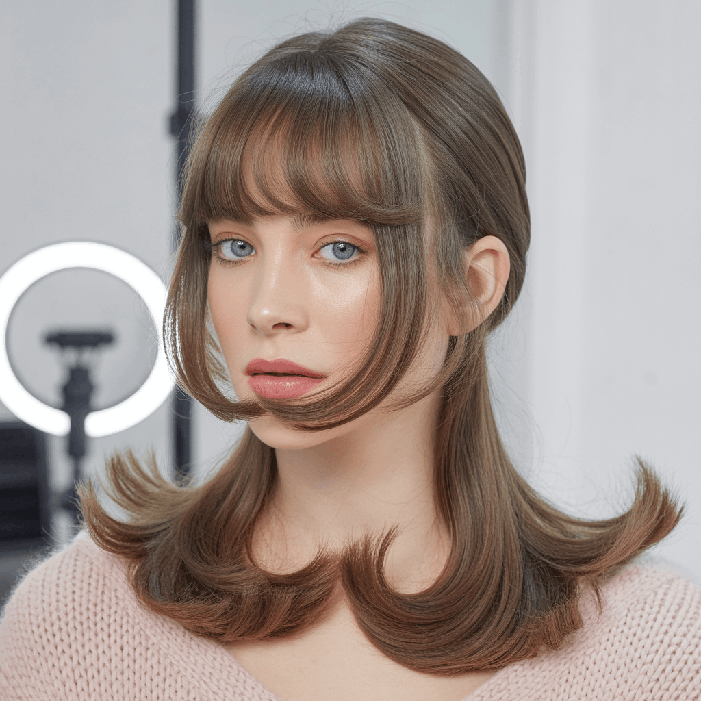 Mujer con mullet elegante y flequillo cortina largo hasta pómulos, integración perfecta con capas faciales y base shaggy suave. Color castaño cenizo con reflejos sutiles, estética K-beauty con piel cristal, suéter rosa pastel. 2