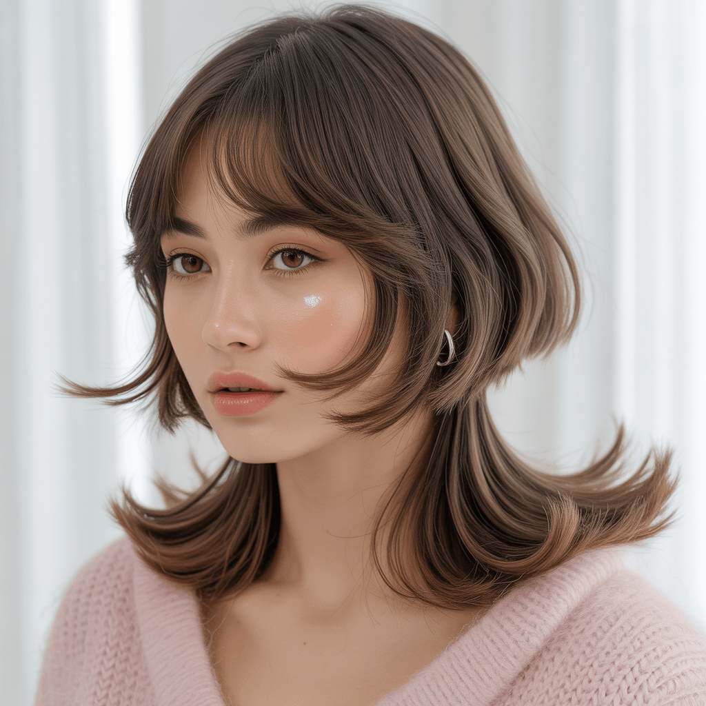 Mujer con mullet elegante y flequillo cortina largo hasta pómulos, integración perfecta con capas faciales y base shaggy suave. Color castaño cenizo con reflejos sutiles, estética K-beauty con piel cristal, suéter rosa pastel. 3