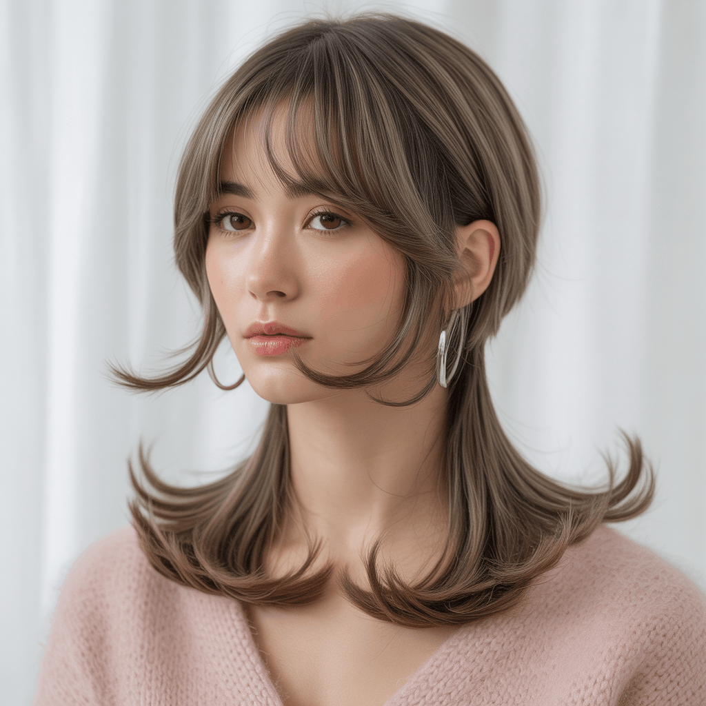 Mujer con mullet elegante y flequillo cortina largo hasta pómulos, integración perfecta con capas faciales y base shaggy suave. Color castaño cenizo con reflejos sutiles, estética K-beauty con piel cristal, suéter rosa pastel. 4