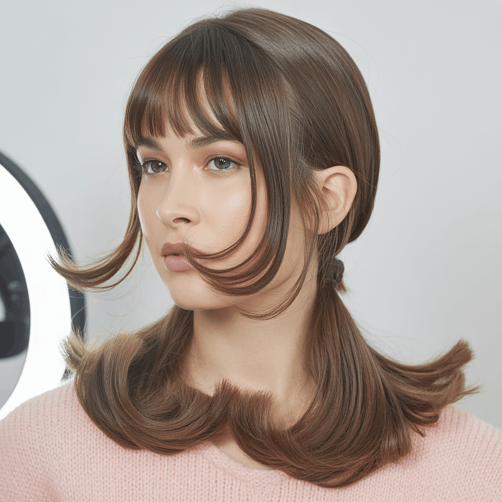 Mujer con mullet elegante y flequillo cortina largo hasta pómulos, integración perfecta con capas faciales y base shaggy suave. Color castaño cenizo con reflejos sutiles, estética K-beauty con piel cristal, suéter rosa pastel.