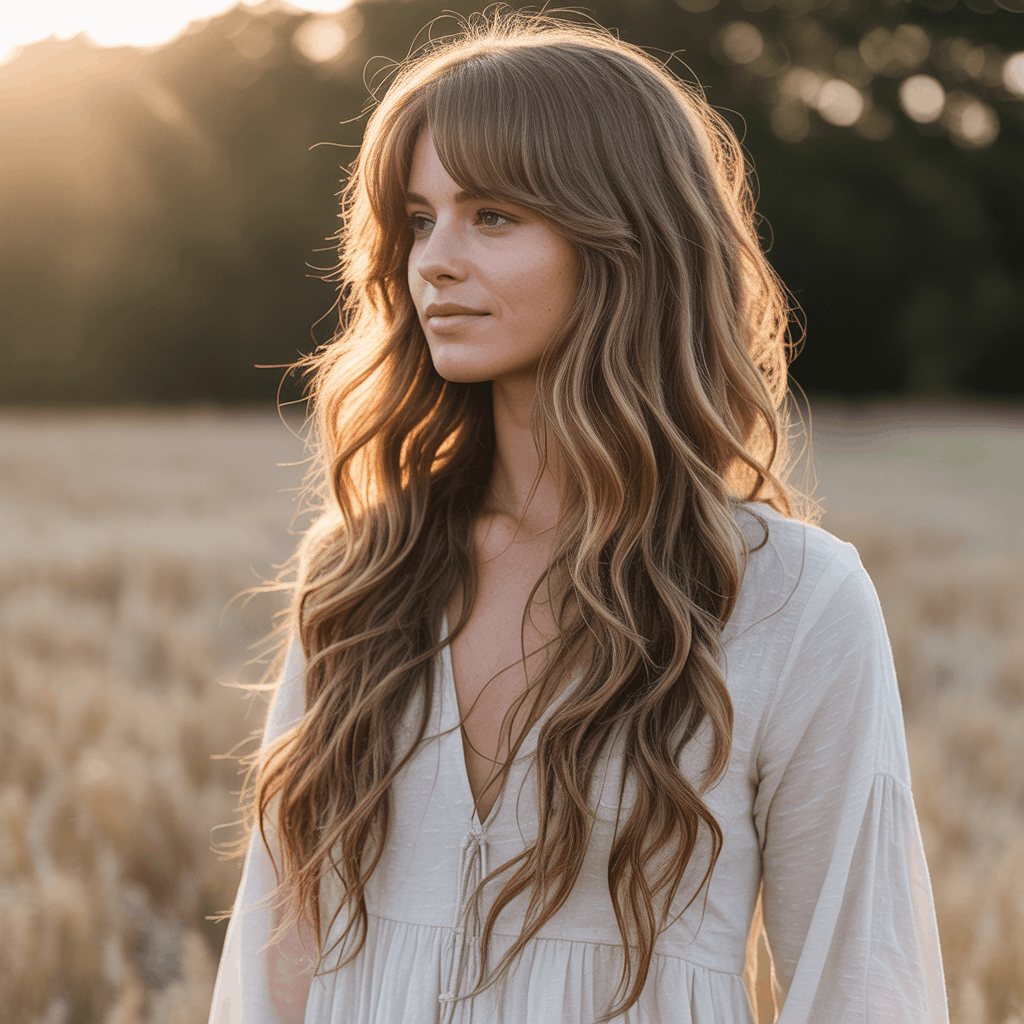 Mujer con mullet largo moderno, capas concentradas desde coronilla hasta orejas y cabello ondulado hasta la cintura. Flequillo cortina integrado, balayage caramelos iluminado por sol de atardecer, vestido blanco bohemio en campo de trigo. 3
