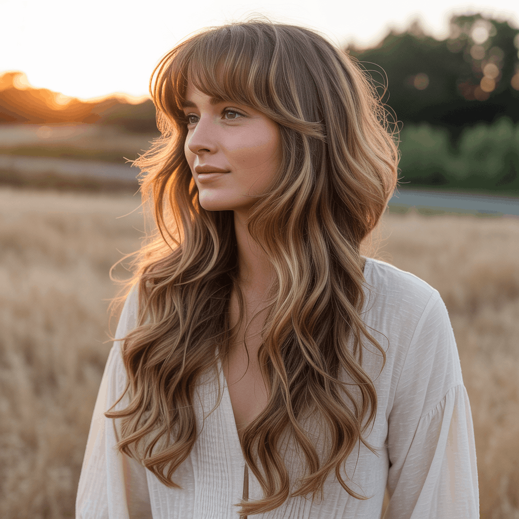 Mujer con mullet largo moderno, capas concentradas desde coronilla hasta orejas y cabello ondulado hasta la cintura. Flequillo cortina integrado, balayage caramelos iluminado por sol de atardecer, vestido blanco bohemio en campo de trigo. 4