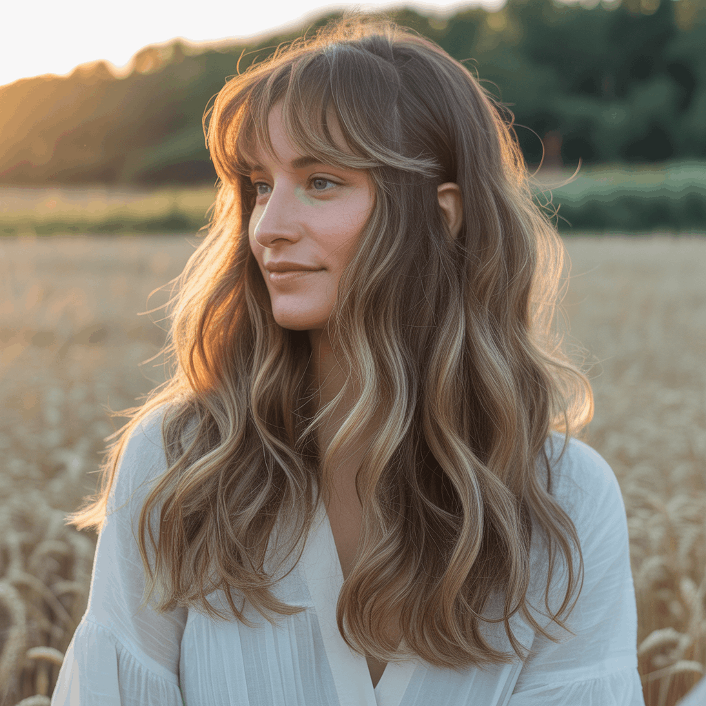 Mujer con mullet largo moderno, capas concentradas desde coronilla hasta orejas y cabello ondulado hasta la cintura. Flequillo cortina integrado, balayage caramelos iluminado por sol de atardecer, vestido blanco bohemio en campo de trigo. Corte Mullet Mujer