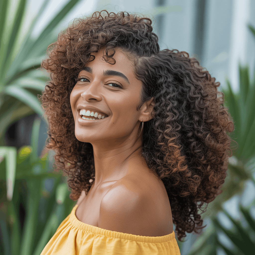 Mujer afrodescendiente con mullet rizado natural, técnica de corte en seco visible en patrón de rizos 3B definidos, capas que liberan volumen en coronilla y sección larga en nuca formando cola de rizos. Celebración de textura natural, fondo tropical. 2
