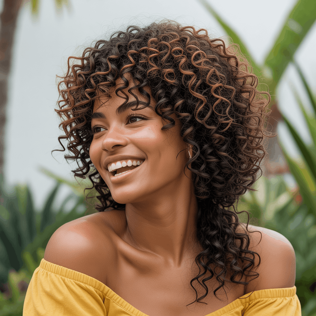 Mujer afrodescendiente con mullet rizado natural, técnica de corte en seco visible en patrón de rizos 3B definidos, capas que liberan volumen en coronilla y sección larga en nuca formando cola de rizos. Celebración de textura natural, fondo tropical. 3