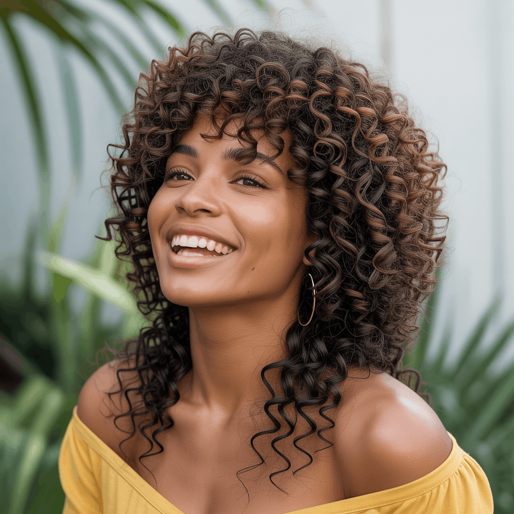 Mujer afrodescendiente con mullet rizado natural, técnica de corte en seco visible en patrón de rizos 3B definidos, capas que liberan volumen en coronilla y sección larga en nuca formando cola de rizos. Celebración de textura natural, fondo tropical. 4