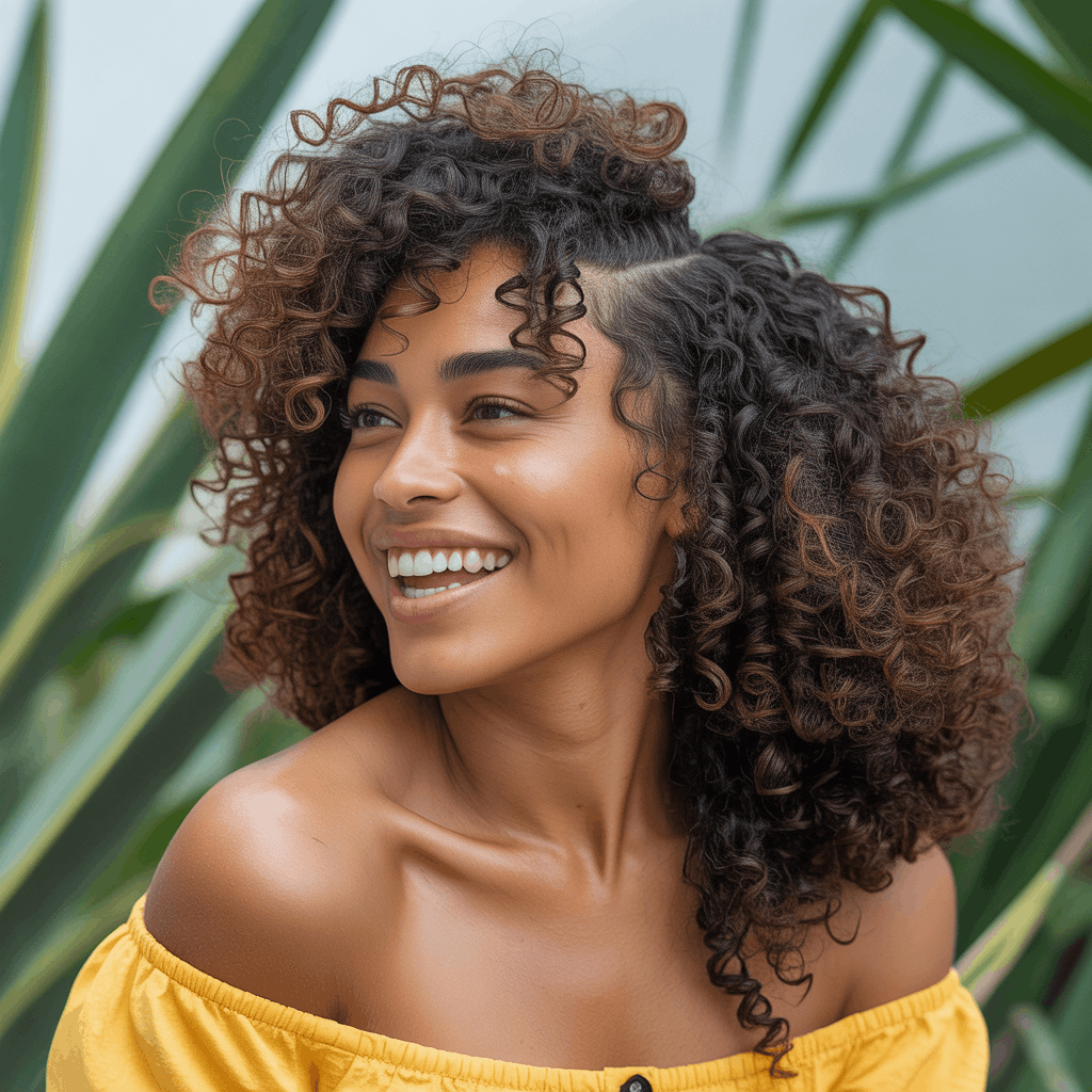 Mujer afrodescendiente con mullet rizado natural, técnica de corte en seco visible en patrón de rizos 3B definidos, capas que liberan volumen en coronilla y sección larga en nuca formando cola de rizos. Celebración de textura natural, fondo tropical. Corte Mullet Mujer