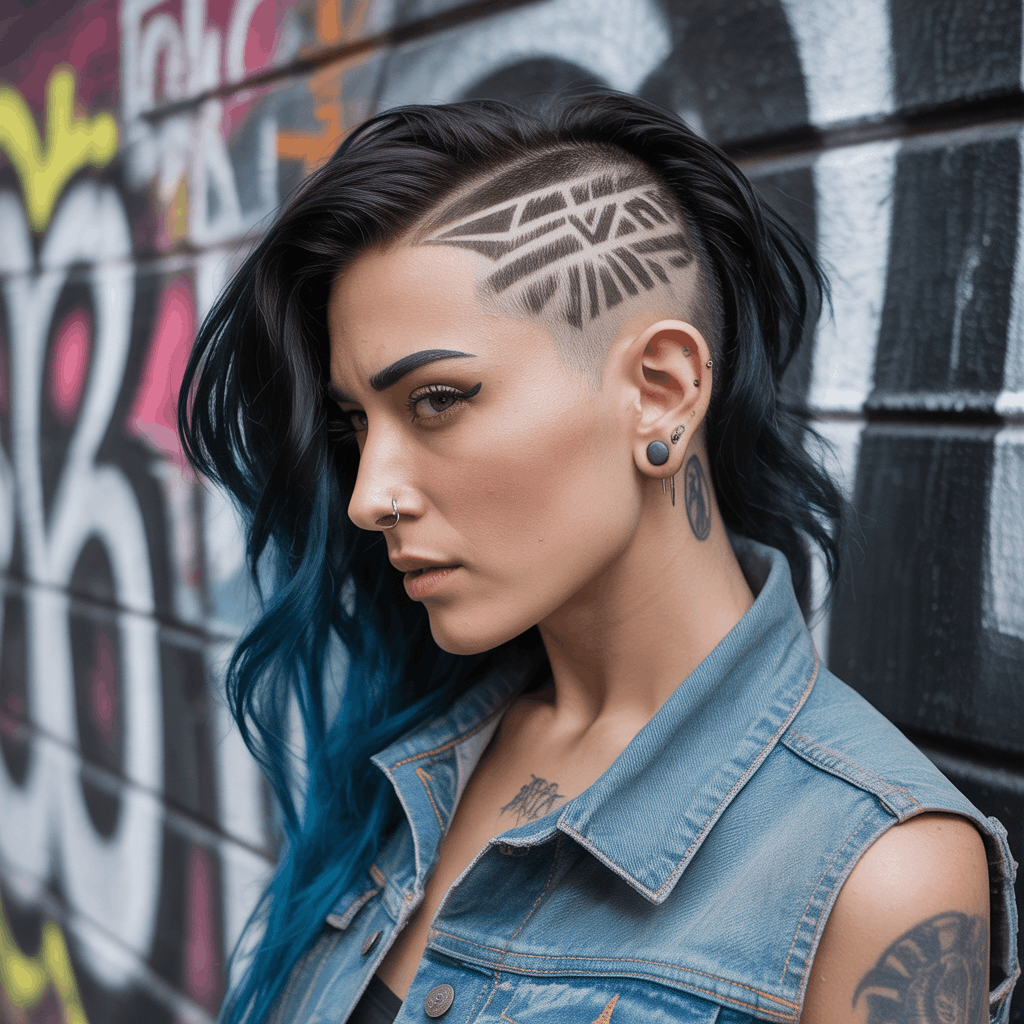 Mujer alternativa con mullet undercut artístico, laterales rapados con diseños geométricos tallados, contraste dramático con cabello negro largo en la nuca y mechas azul eléctrico. Estética street style urbana con chaleco denim vintage. 2