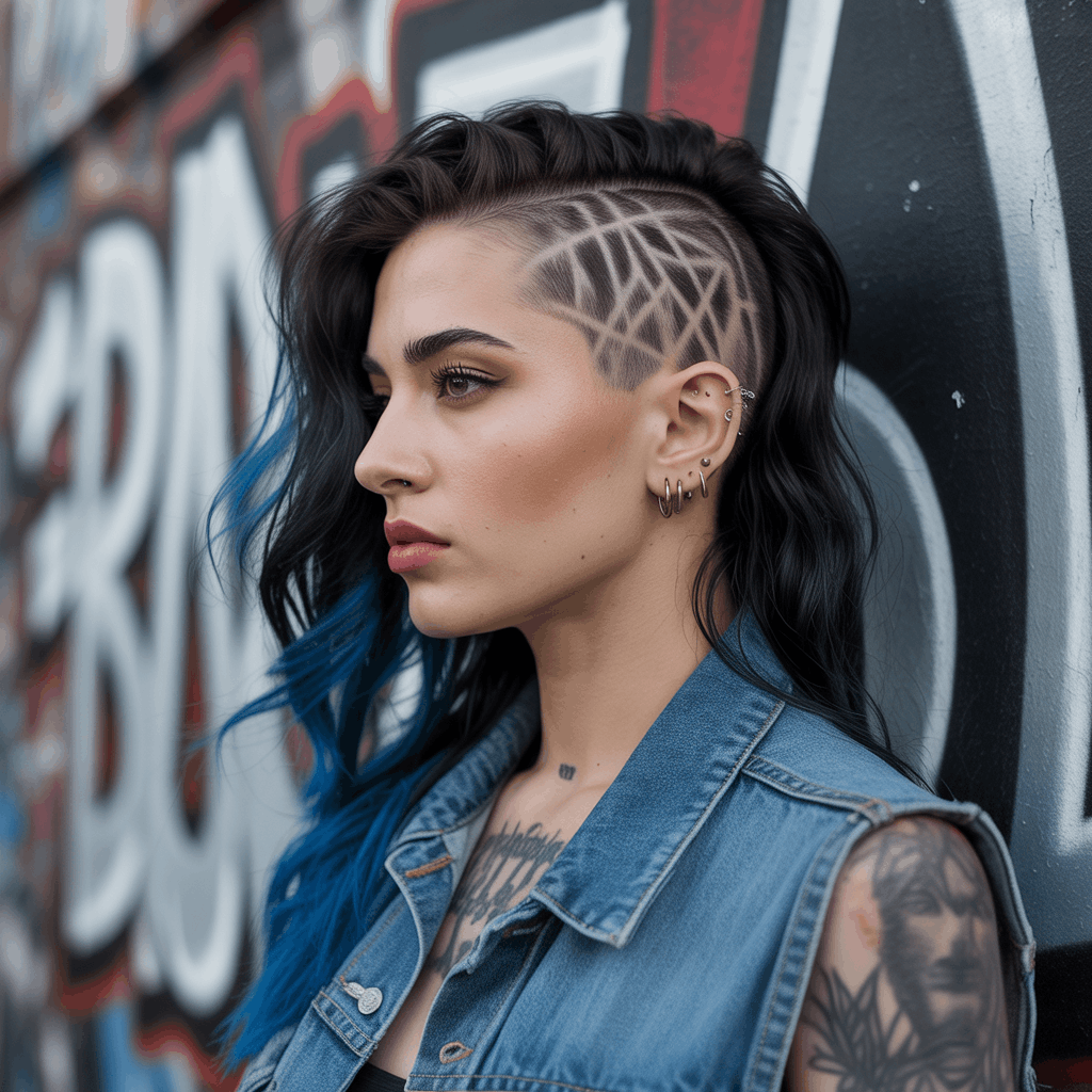 Mujer alternativa con mullet undercut artístico, laterales rapados con diseños geométricos tallados, contraste dramático con cabello negro largo en la nuca y mechas azul eléctrico. Estética street style urbana con chaleco denim vintage.3