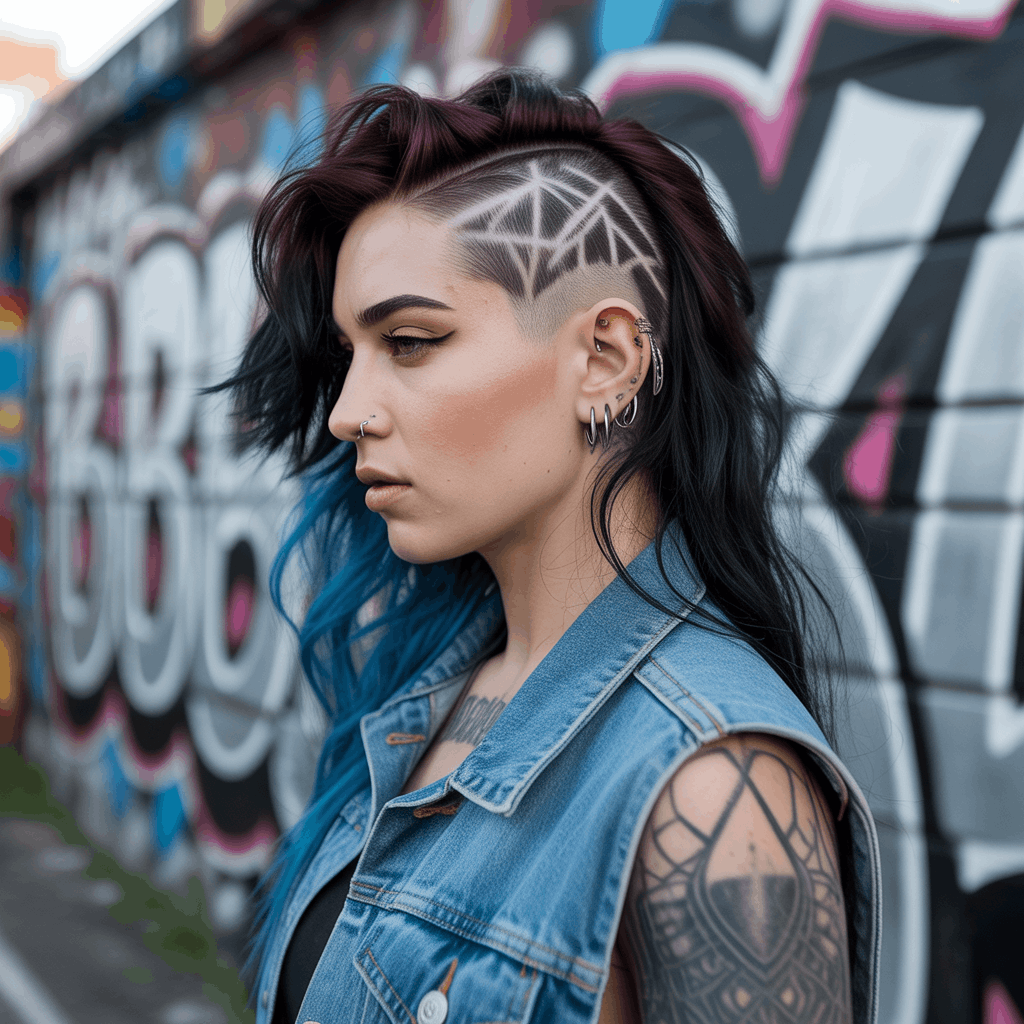 Mujer alternativa con mullet undercut artístico, laterales rapados con diseños geométricos tallados, contraste dramático con cabello negro largo en la nuca y mechas azul eléctrico. Estética street style urbana con chaleco denim vintage. 4