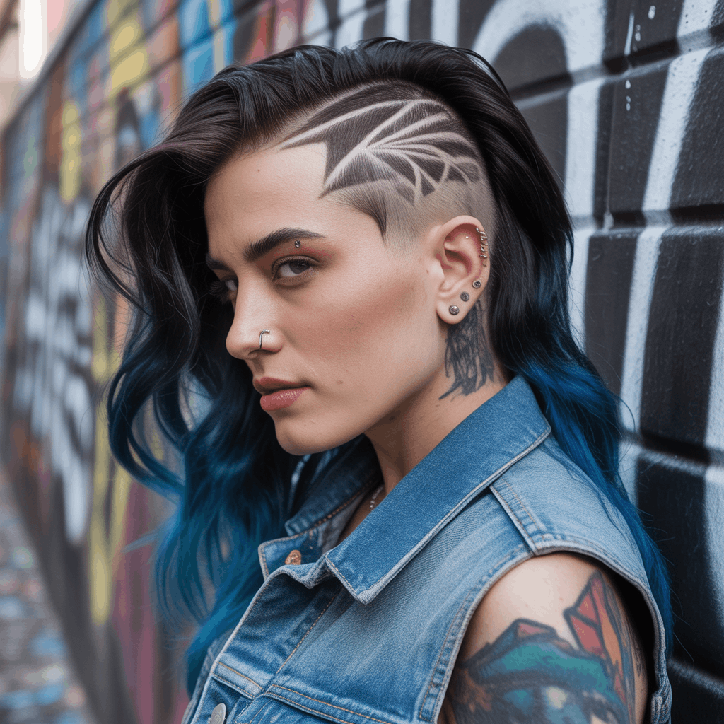 Mujer alternativa con mullet undercut artístico, laterales rapados con diseños geométricos tallados, contraste dramático con cabello negro largo en la nuca y mechas azul eléctrico. Estética street style urbana con chaleco denim vintage. Corte Mullet Mujer