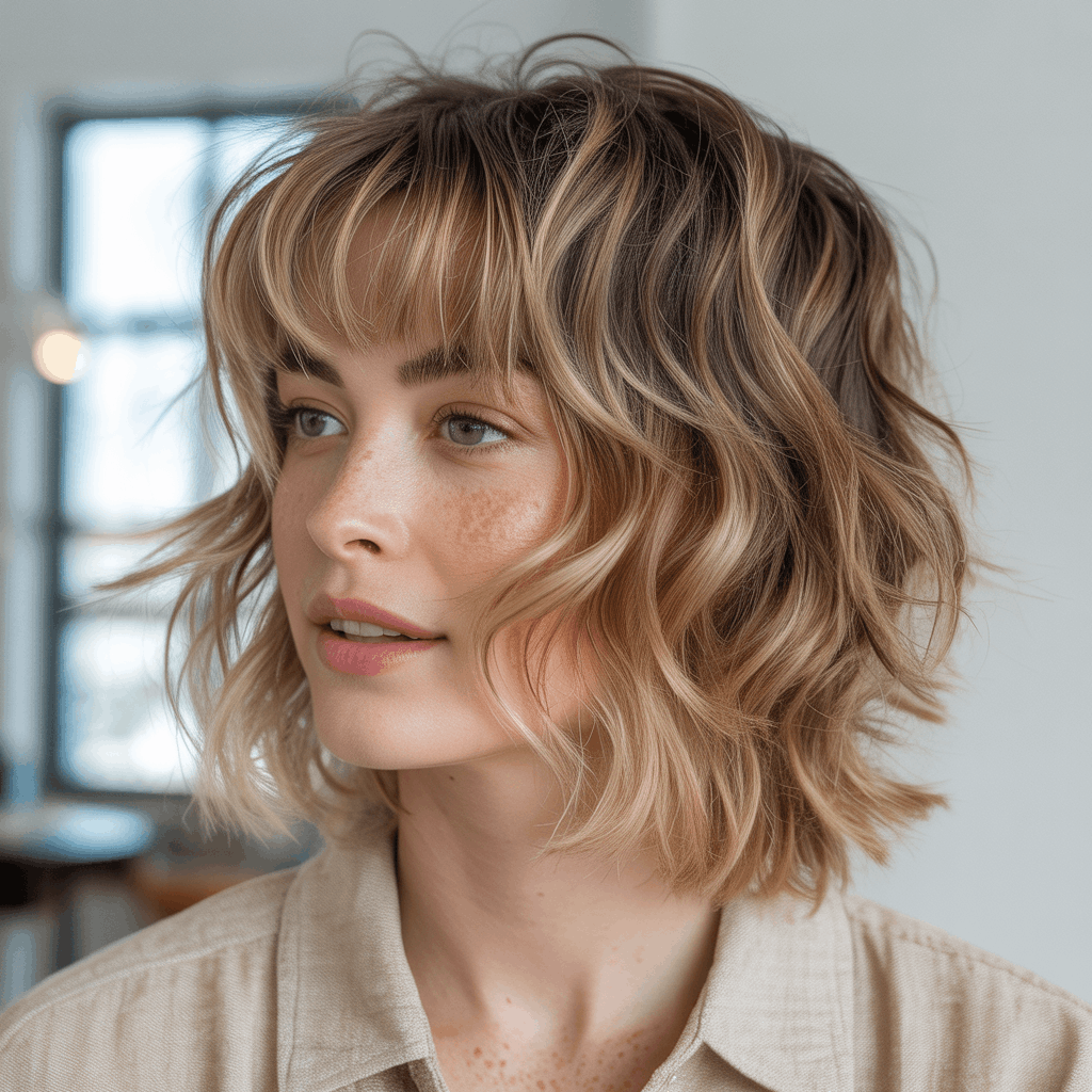 Mujer con shaggy mullet , múltiples capas finas desmechadas, flequillo cortina enmarcando el rostro y transición suave entre coronilla corta y nuca larga. Balayage rubio miel con ondas playeras, estilo lifestyle Instagram.