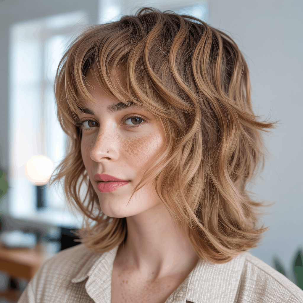 Corte Mullet Mujer, Mujer con shaggy mullet tendencia 2025, múltiples capas finas desmechadas, flequillo cortina enmarcando el rostro y transición suave entre coronilla corta y nuca larga. Balayage rubio miel con ondas playeras, estilo lifestyle Instagram. 2
