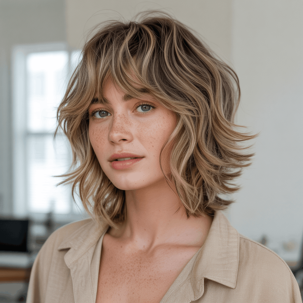 Mujer con shaggy mullet tendencia 2025, múltiples capas finas desmechadas, flequillo cortina enmarcando el rostro y transición suave entre coronilla corta y nuca larga. Balayage rubio miel con ondas playeras, estilo lifestyle Instagram. 3