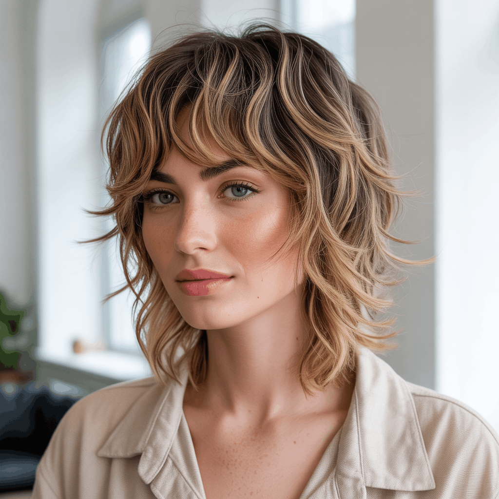 Mujer con shaggy mullet tendencia 2025, múltiples capas finas desmechadas, flequillo cortina enmarcando el rostro y transición suave entre coronilla corta y nuca larga. Balayage rubio miel con ondas playeras, estilo lifestyle Instagram. 4