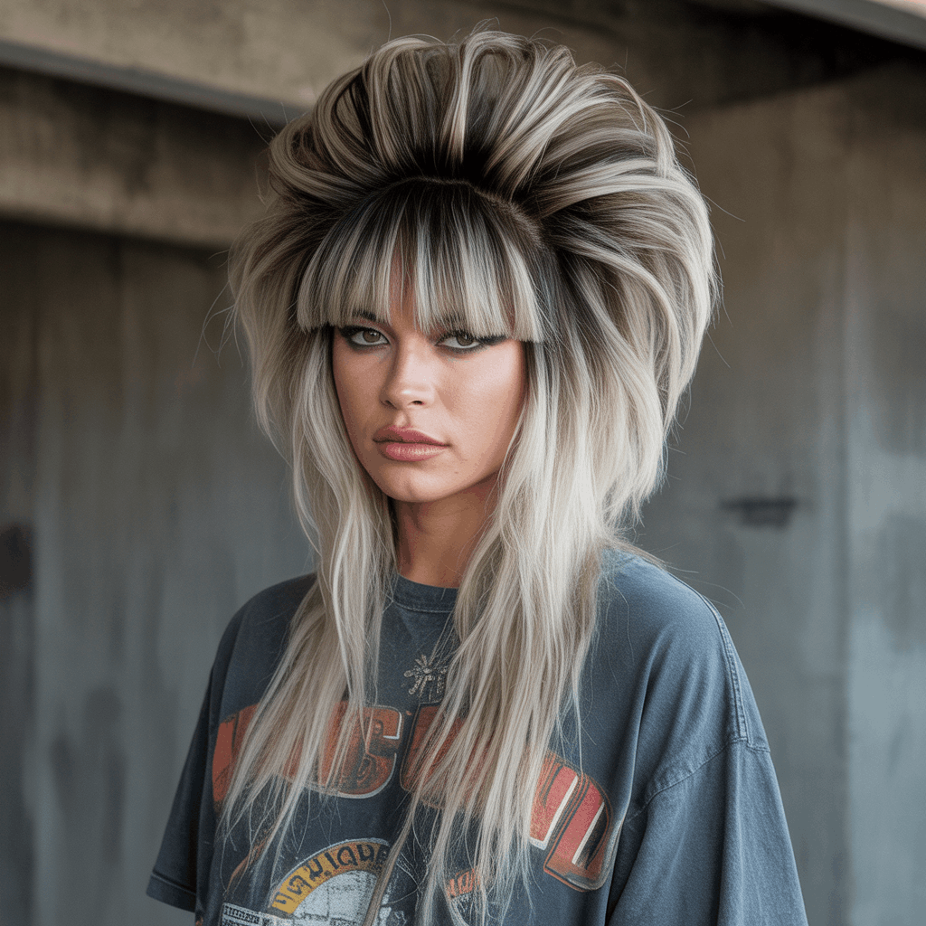 Mujer con wolf cut dramático, volumen extremo en coronilla con capas apiladas, cabello muy largo en la espalda y flequillo cortina. Coloración platinada con shadow roots oscuras, estética grunge editorial de alta costura.-2 Corte Mullet Mujer