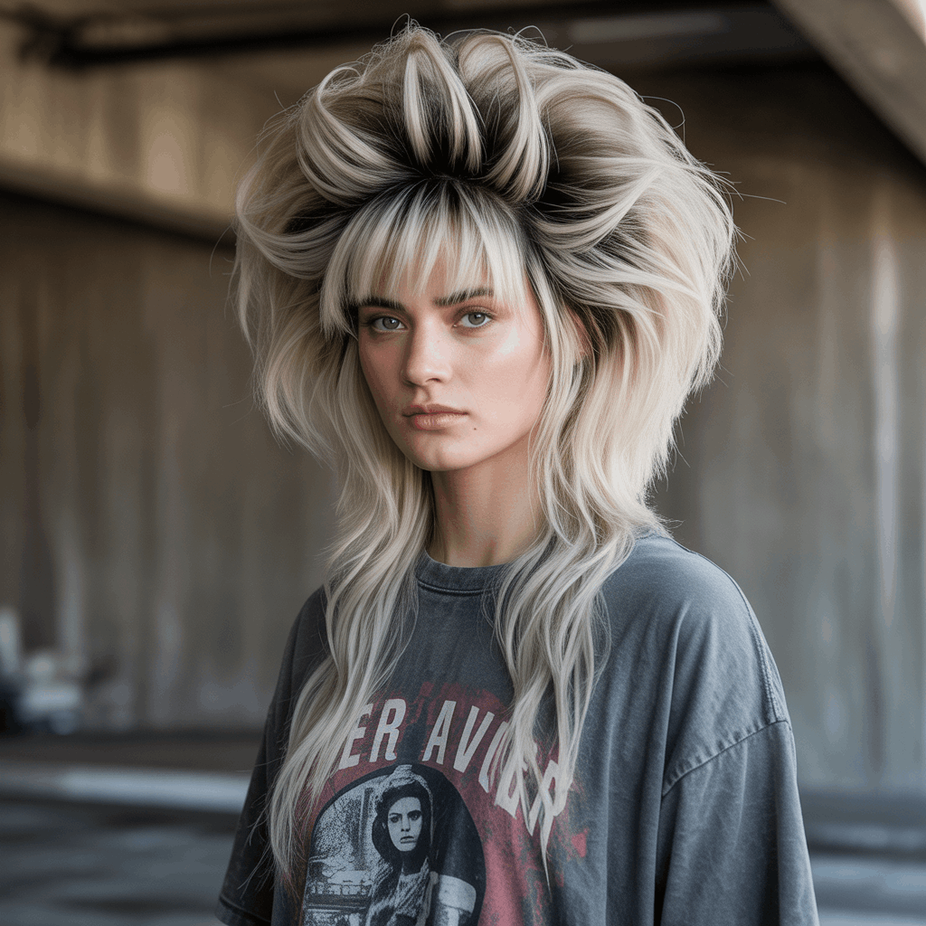 Mujer con wolf cut dramático, volumen extremo en coronilla con capas apiladas, cabello muy largo en la espalda y flequillo cortina. Coloración platinada con shadow roots oscuras, estética grunge editorial de alta costura.-3