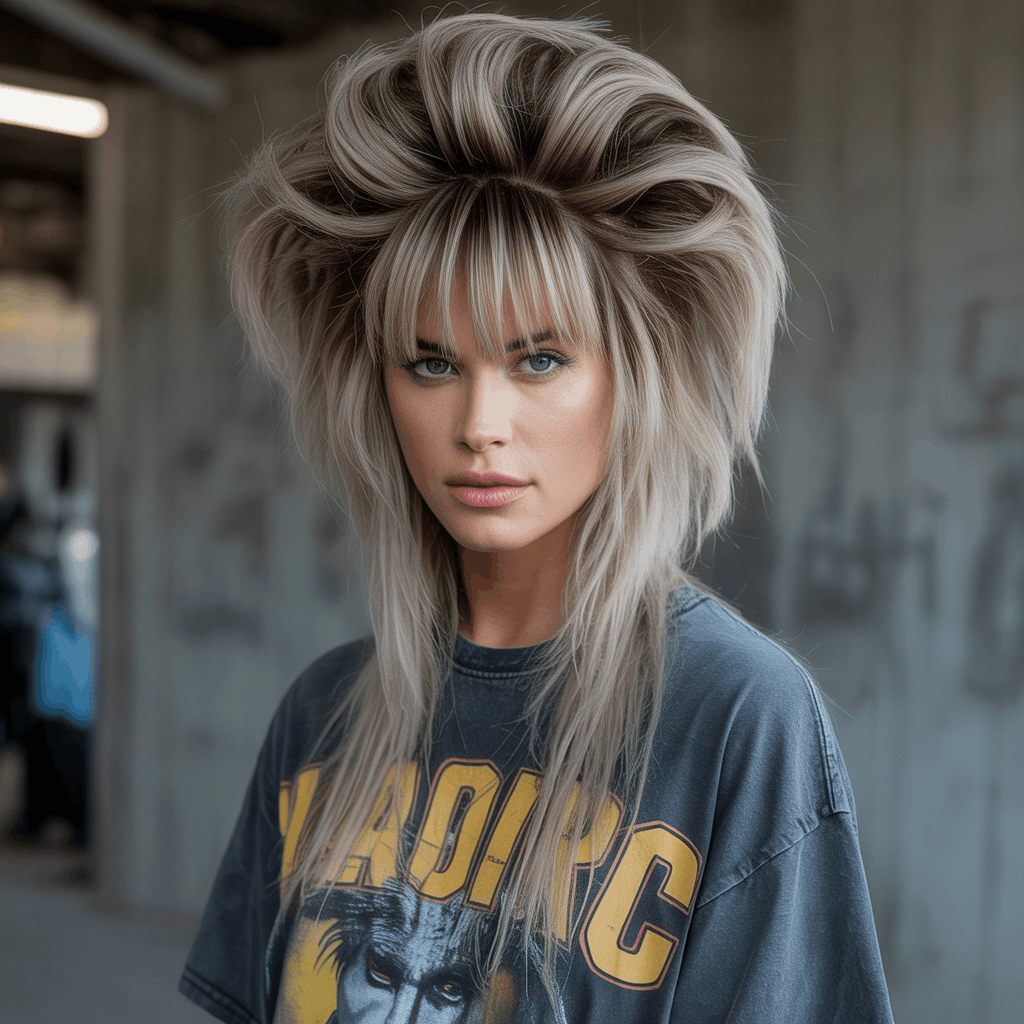 Mujer con wolf cut dramático, volumen extremo en coronilla con capas apiladas, cabello muy largo en la espalda y flequillo cortina. Coloración platinada con shadow roots oscuras, estética grunge editorial de alta costura.