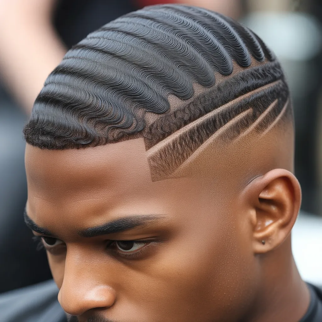 Hombre con patrón 360 waves profundo y mid fade, ondas definidas con transición media en los lados