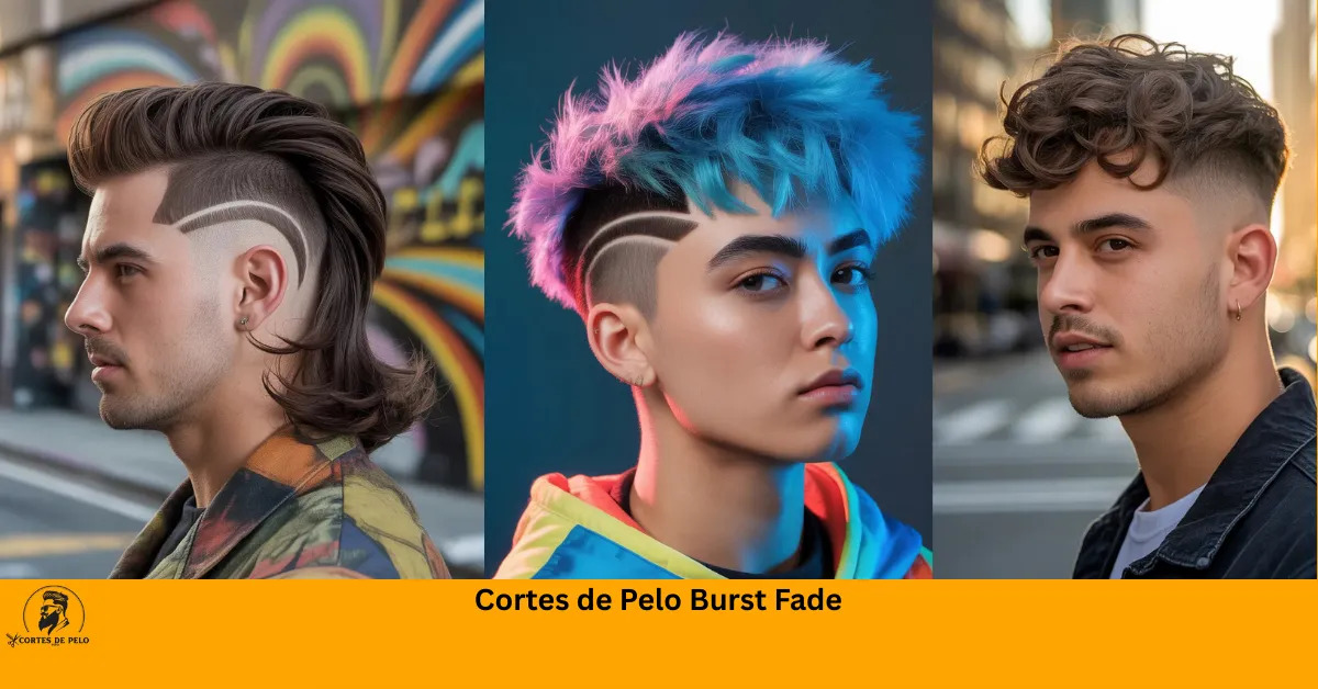 Cortes de Pelo Burst Fade Hombre con burst fade mullet, degradado circular alrededor de orejas y cabello largo en la nuca estilo retro-moderno