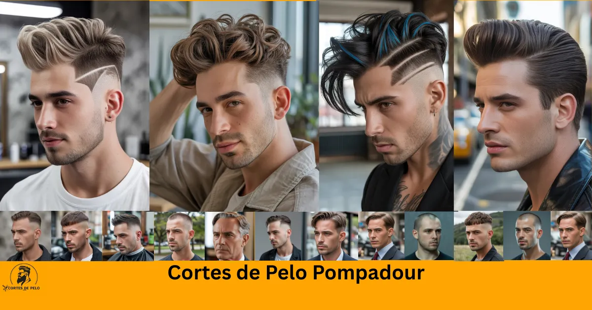 Cortes de Pelo Pompadour Hombre edgy con pompadour desconectado, laterales rapados 1mm con undercut, top negro de 6 pulgadas con underlights azules, tatuajes en cuello, traje negro diseñador, fondo loft industrial