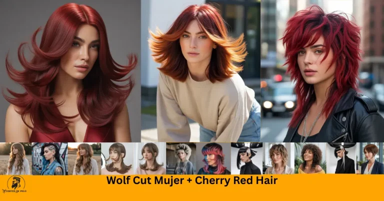 Wolf Cut Mujer + Cherry Red Hair Mujer con wolf cut elegante, capas suaves y flequillo opcional, cabello rojo cereza intenso, estilo sofisticado con iluminación de estudio suave.