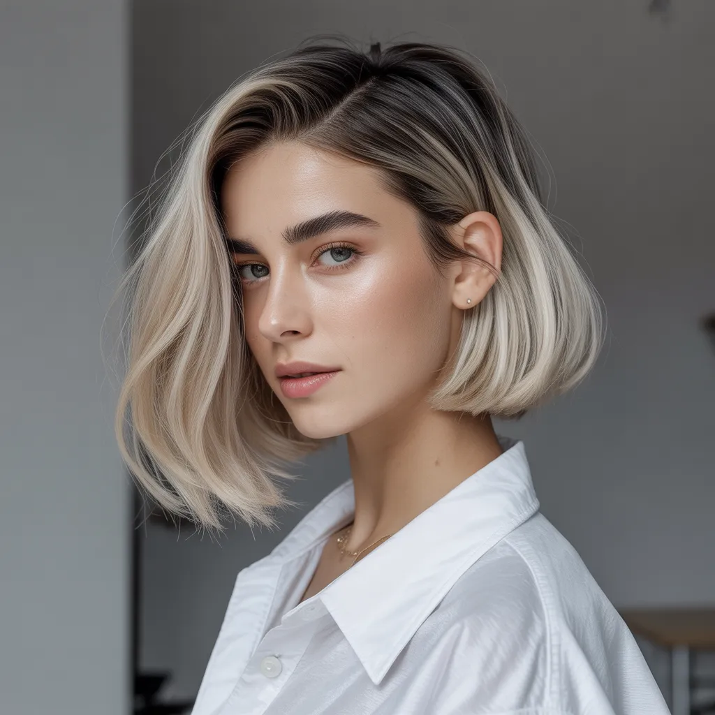 Mujer con bob asimétrico tomboy, un lado a la mandíbula y otro a la clavícula, color rubio platino con raíces oscuras