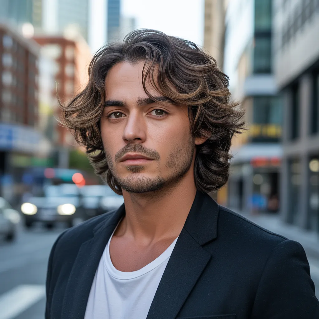 Hombre hispano con bro flow estructurado con capas, cabello castaño con movimiento dinámico y volumen natural