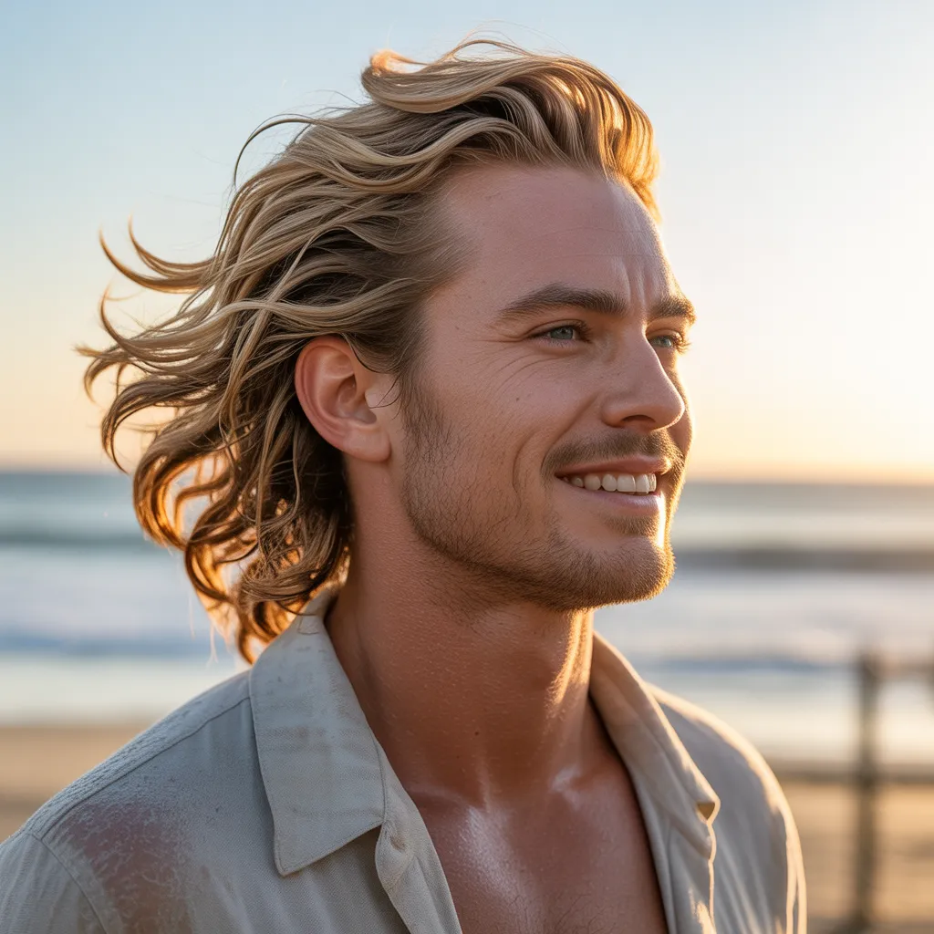 Hombre surfista con bro flow clásico, cabello rubio ondulado fluyendo naturalmente hacia atrás, atardecer en la playa de fondo