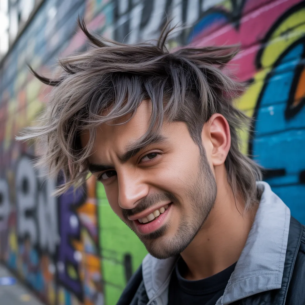 Joven con bro flow despeinado messy, cabello cayendo en direcciones diferentes, fondo urbano con graffiti, estilo street wear